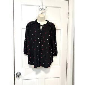 Cocomo Silky Heart Print Blouse Sz PXL Black Pink 3/4 Sleeve Ruffle Tie Front
